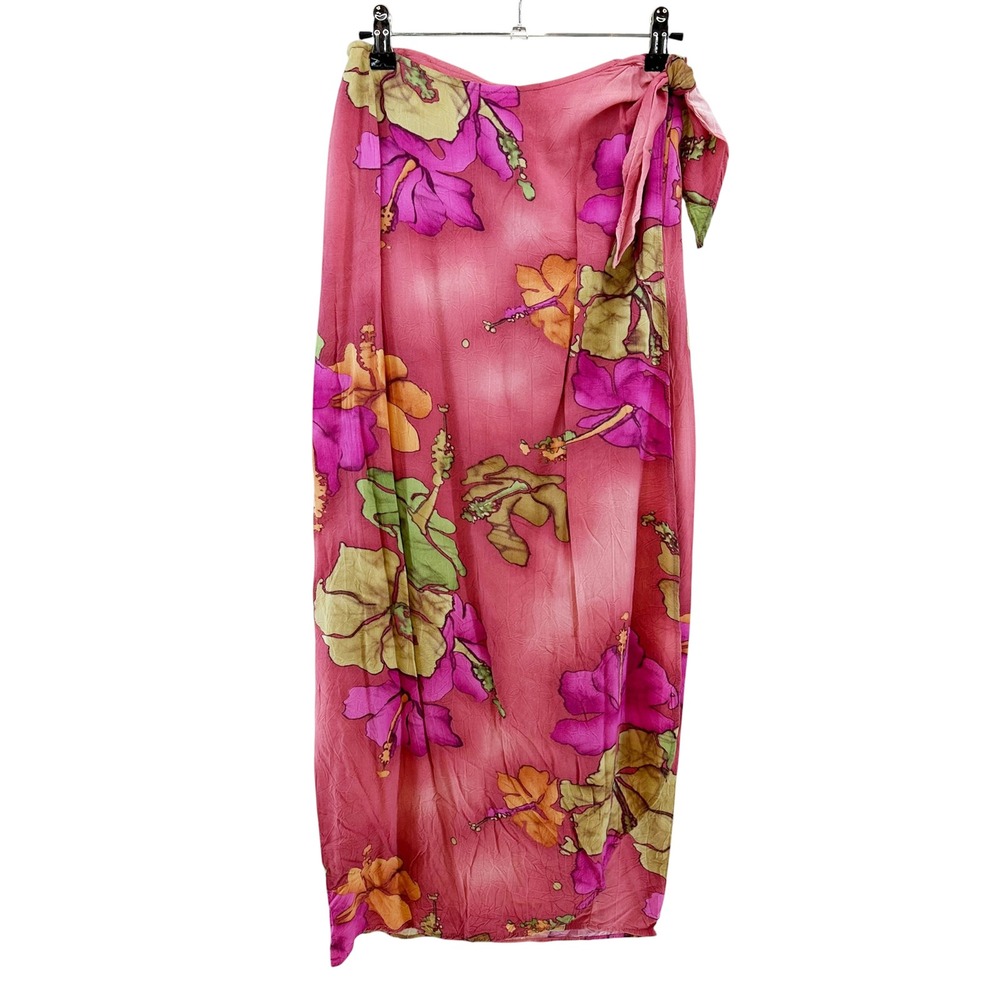 JAMS WORLD Vintage Batik Hibiscus Wrap Maxi Skirt • Small • pink Hawaiian